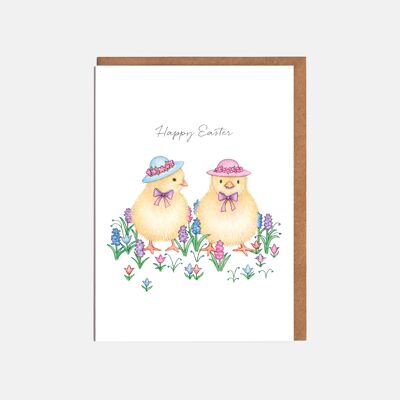 Cartolina di Pasqua con pulcini con cappello - 'Buona Pasqua'