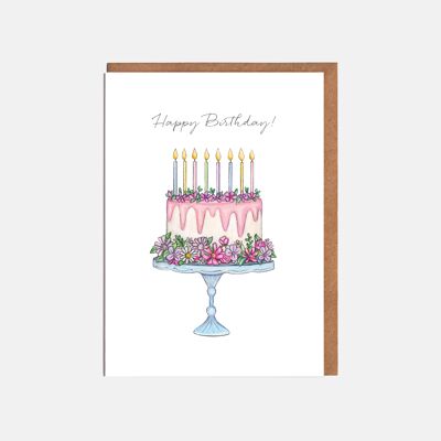 Biglietto di auguri di compleanno con torta floreale - 'Buon compleanno!'
