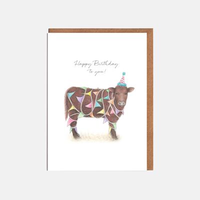 Biglietto di auguri per il compleanno della mucca - "Buon compleanno a te!"