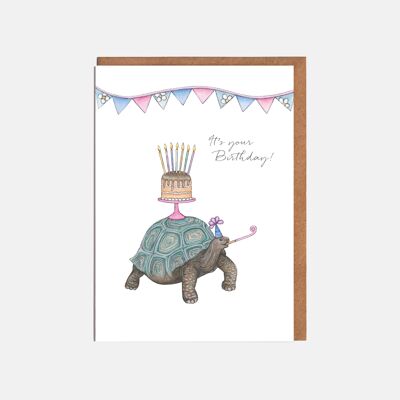 Carte d'anniversaire tortue et gâteau - "C'est ton anniversaire !"