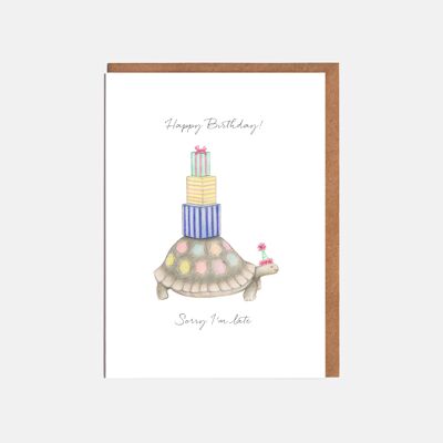 Tarjeta de cumpleaños de tortuga - 'Feliz cumpleaños, siento llegar tarde'