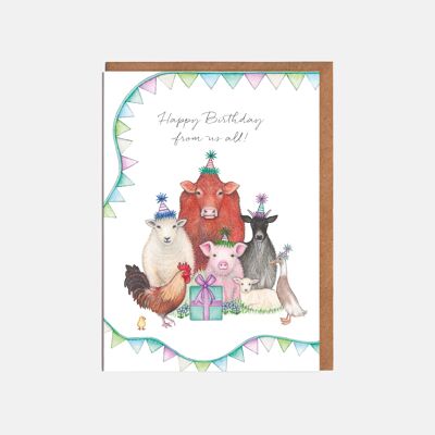 Bauernhof-Geburtstagskarte – „Happy Birthday from us all!“