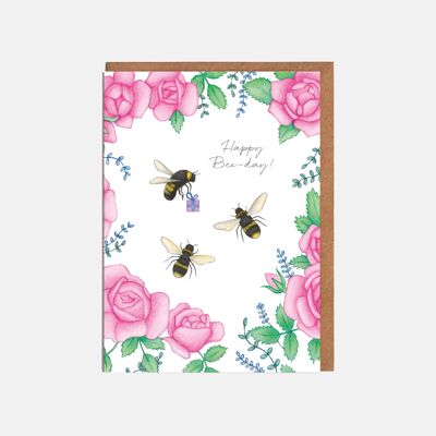 Tarjeta de cumpleaños de abejas y flores - '¡Feliz día de la abeja!'