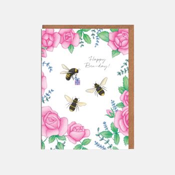 Carte d'anniversaire abeilles et fleurs - "Happy Bee-day !"