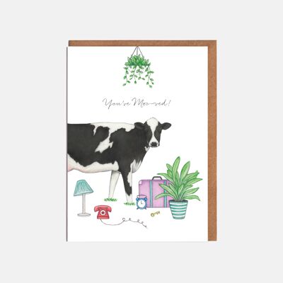 Nueva tarjeta de hogar de vaca en blanco y negro - 'You've Moo-ved!'