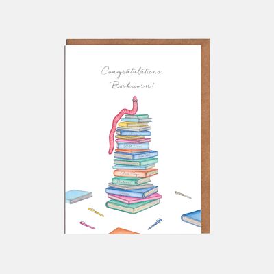 Bücherwurm-Gut gemacht-Karte – 'Herzlichen Glückwunsch, Bücherwurm!'