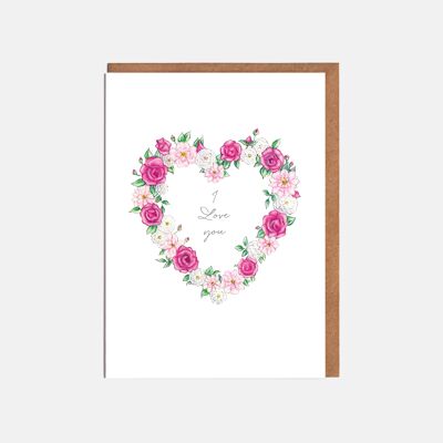 Tarjeta de San Valentín con corazón floral rosa - 'Te amo'