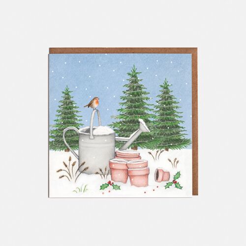 Watering Can & Robin Christmas Card - Blank