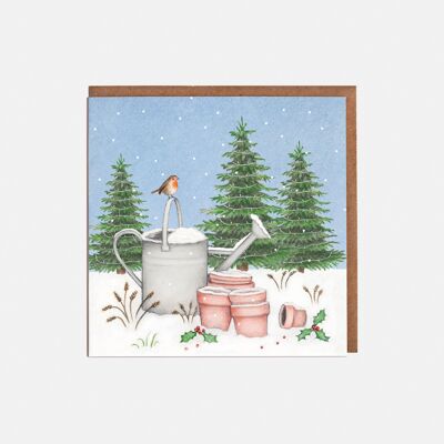Watering Can & Robin Christmas Card - Blank