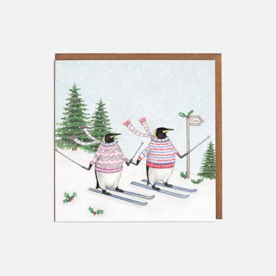 Tarjeta de Navidad de esquí de pingüinos - en blanco