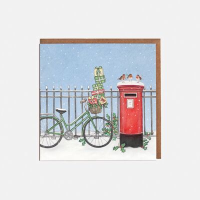 Cartolina di Natale con cassetta delle lettere e bicicletta - vuota