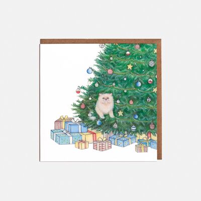 Tarjeta de Navidad Gato y Árbol - En blanco