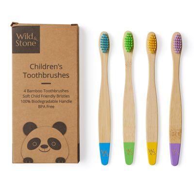Cepillo de dientes de bambú para niños, paquete de 4, multicolor