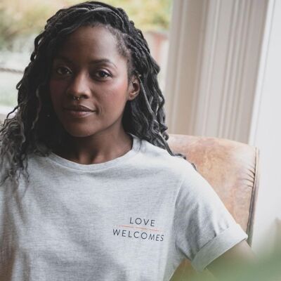 Love Welcomes Grey Marl Ladies Elbow Tee