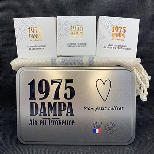 Coffret 3 savons masque, fouta- serviette invité, 3 disques démaquillants dans une boite métal