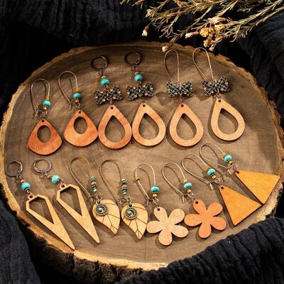 6 Pairs/Set Ethnic Boho Bohemian Vintage Multiple Types Wooden Earring