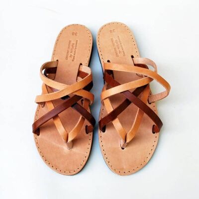Natural Brown and Cognac Brown Leather Women Sandal