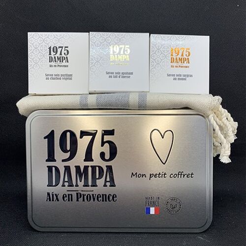 Coffret 3 savons masque, fouta- serviette invité, 3 disques démaquillants dans une boite métal