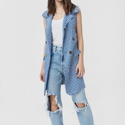 MATTEO Double Breasted Vest in Houndstooth Knit in Blue and White