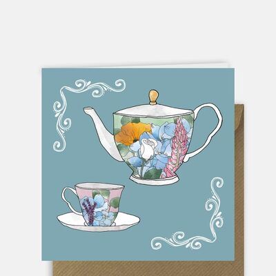 Tarjeta de felicitación de tetera y taza de té