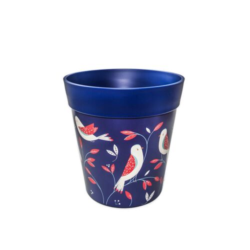 blue plastic, bird pattern, medium 22cm indoor/outdoor pot