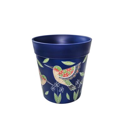 blue plastic, hummingbird pattern, medium 22cm indoor/outdoor pot