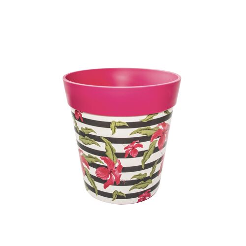 pink plastic 'hibiscus stripe' medium 22cm indoor/outdoor pot