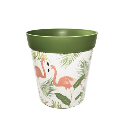 green plastic, flamingo pattern, large 25cm indoor/outdoor pot