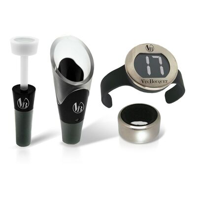 Set d'accessoires pour le vin : Bouchon à vide, bec verseur, bague anti-goutte et thermomètre digital Wine Set