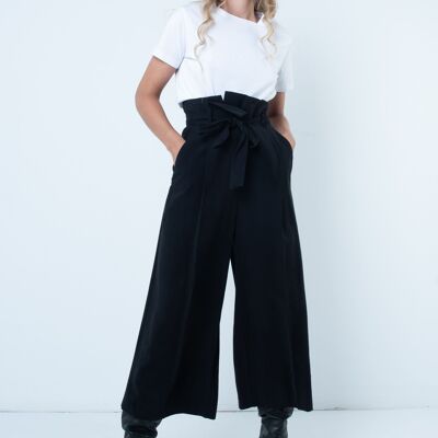 Wide Leg Trousers with Belt - 40 - Black