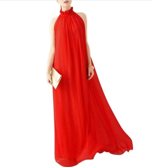 Chiffon gown with a Ruffled Neck - Red