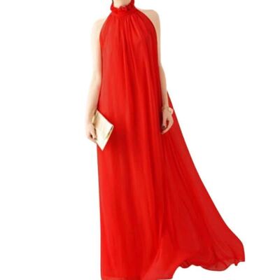 Chiffon gown with a Ruffled Neck - Red