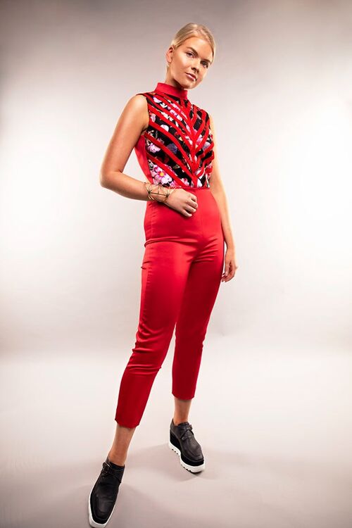 Red satin jumpsuit