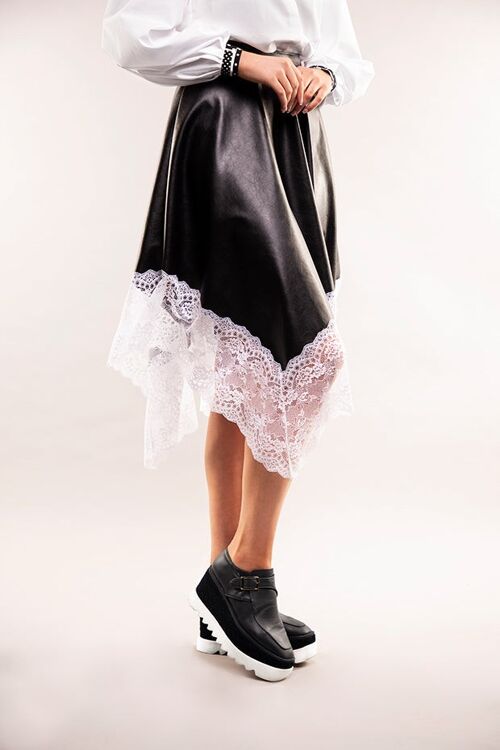 Faux black leather skirt with lace