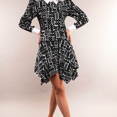 Domino print puff sleeve cotton shirt dress