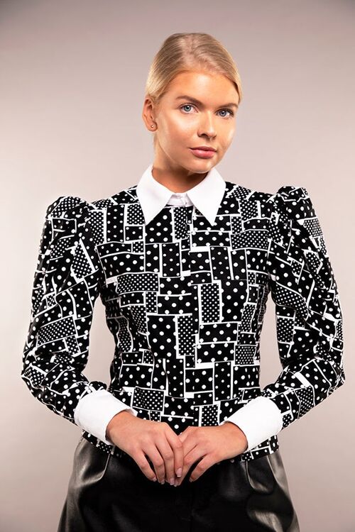 Domino print puff sleeve cotton shirt