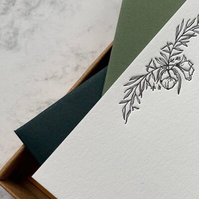 Letterpress printed botanical floral notecard set - Boxed set of 8 cards and envelopes
