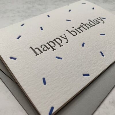 Letterpress, hand printed, navy confetti, 'Happy Birthday'