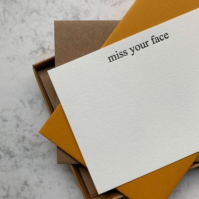 Letterpress printed “miss your face” notecards - Boxed set of 8 cards and envelopes. Support, isolation, lockdown love