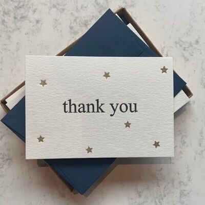 Celestial Starry skies gold shimmer, hand printed, letterpress thank you cards, boxed set of 6.