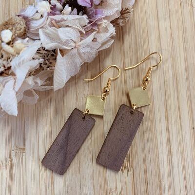 Boucles d'oreilles en bois de noyer - Acier inoxydable doré - Femme - bijoux - Forme géométrique