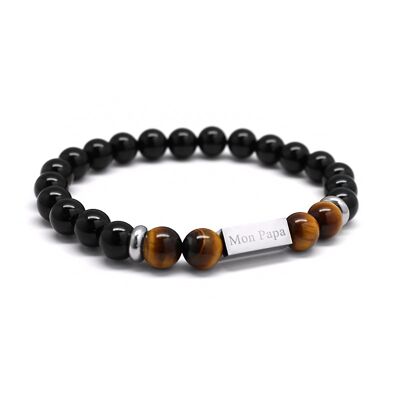 Bracciale con perline occhio di tigre e agate nere da uomo - Incisione MON PAPA