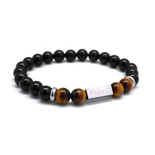 Bracelet perles oeil de tigre et agates noires homme - gravure PAPA COEUR