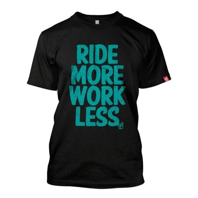 Men's Ride More Work Less turquoise logo black organic cotton tee