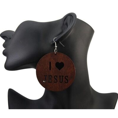 6CM Brown Engraved I Love JESUS African Wooden Earrings