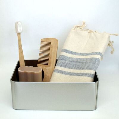 Confezione regalo shampoo solido, asciugamano ospite, spazzolino da denti, pettine in una scatola di metallo