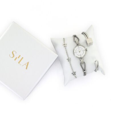 Juwelenbesetzte Kettenuhr mit austauschbarem Armband mit Armreif und passendem Armband – 4-teilige Box aus Stahl
