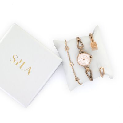 Jeweled chain watch with interchangeable bracelet with bangle and matching bracelet - 4-piece box in rose gold