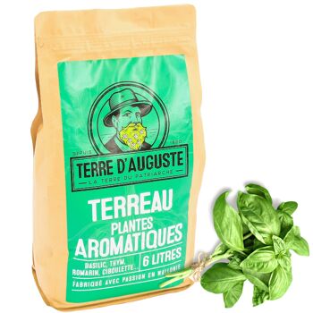 Terre d'Auguste - Terreau Plantes Aromatiques 6L avec Fermeture Eclair Refermable - Solution Spécifique avec BIOCHAR pour Herbes en Pot - Basilic, Thym, Romarin, Ciboulette, Coriandre, Estragon, ... 1