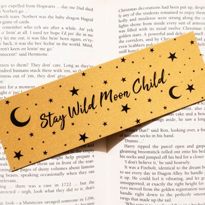 Bleiben Sie wildes Mond-Kind-Goldglänzendes Lesezeichen